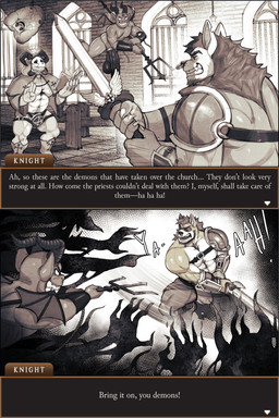 anthro balls big_penis facial_piercing genitals group holding_melee_weapon holding_object holding_polearm holding_sword holding_trident holding_weapon horn huge_penis humanoid_genitalia humanoid_penis male melee_weapon membrane_(anatomy) membranous_wings muscular muscular_anthro muscular_male nipple_piercing nipple_ring nipples nose_piercing nose_ring penis piercing polearm ring_piercing sword text trident vein veiny_penis weapon wings desfrog canid canine demon mammal absurd_res comic english_text hi_res