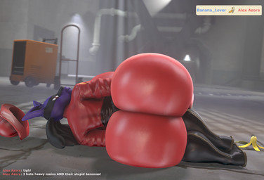 angry anthro armor banana_peel big_butt butt clothing dialogue female firefighter_helmet headgear helmet huge_butt hyper hyper_butt latex latex_clothing looking_back on_ground pipe solo text bimbomorph_(artist) nintendo pokemon team_fortress_2 valve alex_asora pyro_(team_fortress_2) canid canine generation_4_pokemon lucario mammal pokemon_(species) 3d_(artwork) digital_media_(artwork) english_text hi_res