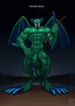 anthro anthrofied claws detailed_background dialogue flaccid genital_piercing genitals green_body long_claws male membrane_(anatomy) membranous_wings muscular muscular_anthro muscular_male nipples open_mouth penis penis_piercing piercing prince_albert_piercing solo speech_bubble standing tail teeth text vein wings longblueclaw terraria duke_fishron 2023 absurd_res digital_media_(artwork) english_text hi_res