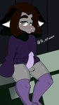 anthro balls black_ears blush blush_lines bodily_fluids brown_eyes brown_hair clothing femboy genital_fluids genitals grey_balls hair legwear male penis precum purple_clothing purple_legwear purple_penis purple_sweater purple_thigh_highs purple_topwear slightly_chubby solo sweater thick_thighs thigh_highs topwear ff_nsfwart felid feline mammal absurd_res hi_res