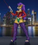 anthro boots breasts city cleavage clothed clothing female footwear gun hair handgun high_heeled_boots high_heels jacket legwear night pose purple_hair ranged_weapon revolver shoes solo thigh_boots thigh_highs topwear weapon rahir felid mammal prehistoric_species saber-toothed_tiger 5:6 digital_media_(artwork) hi_res pinup