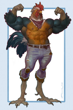 abs anthro avian_caruncle beak biceps bottomwear brown_body brown_feathers buckle clothing comb_(anatomy) denim denim_bottomwear denim_clothing dewlap_(anatomy) feathers feet flexing flexing_bicep flexing_both_biceps green_body green_feathers head_crest jeans kerchief male muscular muscular_anthro muscular_male nipples pants pecs piercing shirtless_male solo tail tail_feathers talons toes torn_bottomwear torn_clothing torn_jeans torn_pants wattle white_body white_feathers taran_fiddler avian bird chicken galliform phasianid hi_res