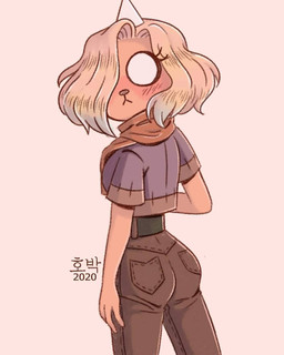 anthro belt blonde_hair blush blush_lines bottomwear breasts butt clothing eyelashes female hair hair_over_eye horn looking_at_viewer looking_back one_eye_obstructed pants rear_view scarf shirt side_boob simple_background solo text topwear white_background white_eyes yellow_body unknown_artist adventure_time cartoon_network bronwyn_(adventure_time) canid canine canis domestic_dog mammal rainicorn 2020 4:5 dated hi_res korean_text
