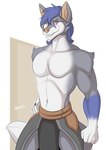 anthro belt blue_hair bottomwear clothing fur grey_body grey_fur grin hair loincloth looking_at_viewer male piercing purple_eyes simple_background smile solo spinal22 canid canine canis mammal wolf hi_res