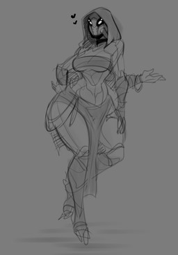 4_arms biped breasts clothed clothing female fingers floating grey_background hand_on_leg hand_on_thigh heart_symbol hood mask multi_arm multi_limb simple_background solo wide_hips monty_smug bungie destiny_(series) alien eliksni humanoid 2025 monochrome