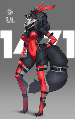 ankle_cuffs anthro armwear big_breasts black_body black_fur black_hair black_sclera bone breasts bunny_costume clothing costume cuff_(restraint) elbow_gloves fake_ears fake_rabbit_ears female fingerless_gloves fluffy fluffy_tail fur gloves hair handwear legwear leotard long_hair multicolored_armwear multicolored_clothing multicolored_elbow_gloves multicolored_gloves multicolored_handwear multicolored_legwear multicolored_leotard multicolored_thigh_highs restraints skull skull_head solo tail thigh_highs two_tone_armwear two_tone_clothing two_tone_elbow_gloves two_tone_gloves two_tone_handwear two_tone_legwear two_tone_leotard two_tone_thigh_highs white_eyes wrist_cuffs shu_stella scp_foundation scp-1471-a canid canine mammal skulldog_(species) 2025 absurd_res hi_res