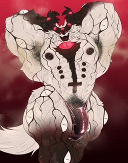abs anthro armpit_fetish armpit_hair barazoku big_muscles big_pecs black_body black_fur black_teeth bodily_fluids body_hair bulge clothed clothing eyes_everywhere fur happy_trail horn huge_muscles male multi_eye multi_nipple muscular muscular_anthro muscular_male musk musk_clouds musky_armpit nipples open_mouth open_smile pecs raised_arms red_sclera smelly_armpits smile solo stink_fumes sweat sweaty_armpit sweaty_body sweaty_legs teeth thong thong_only topless underwear underwear_only vein veiny_muscles white_body white_fur ghangaji canid canine canis demon hybrid mammal wolf 2025 hi_res