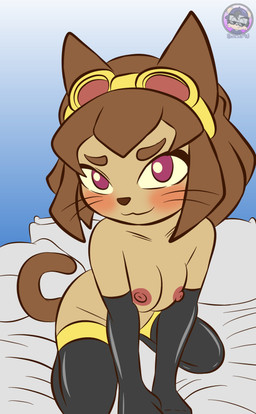 anthro areola armwear bed breasts brown_hair clothing female fur furniture hair kneeling legwear looking_at_viewer nipples nude nude_female on_bed seductive smile smiling_at_viewer solo tan_body tan_fur sirjzau gameoverse glitch_productions kit_bodega domestic_cat felid feline felis mammal absurd_res hi_res