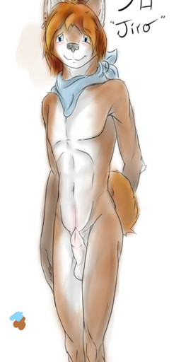 animal_genitalia anthro arm_tuft balls blue_eyes blush brown_body brown_hair countershade_torso countershading curled_tail elbow_tuft embarrassed face_blush feet fluffy fluffy_tail fully_sheathed genitals hair kerchief kerchief_only male nude paws pointy_ears sheath smile snout solo tail text toes tuft vanishikawa jiro_(vanishikawa) canid canine canis domestic_dog mammal shiba_inu spitz 2010 english_text hi_res japanese_text