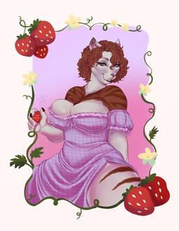 anthro big_breasts black_claws breast_squish breasts claws cleavage clothed clothing dress female food freckles fruit fur hair plant red_hair slit_dress solo squish strawberry stripes thick_thighs white_body white_fur wide_hips nastypasty final_fantasy final_fantasy_xiv square_enix nikoleva felid hrothgar hybrid lion mammal pantherine tiger absurd_res hi_res