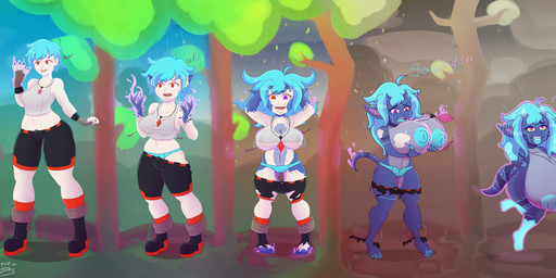 anthro basic_sequence big_breasts blue_body blue_hair breast_expansion breasts clothing curvy_figure expansion female five_frame_image five_frame_sequence floating growth hair hand_on_breast huge_breasts human_to_humanoid humanoid_pointy_ears hyper hyper_breasts linear_sequence magic multi_frame_sequence nipples outside plant pointy_ears short_stackification shortstack shrinking size_transformation smile solo species_transformation tail tail_growth torn_clothing transformation transformation_sequence tree underwear soren_kisamora eva_mori demon human humanoid imp mammal sequence story story_in_description