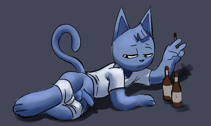anthro backlighting beer_bottle blue_background blue_body blue_fur bottle cat_tail cigarillo clothed clothing container flaccid foreskin frown fur genitals head_tuft lidded_eyes light long_foreskin lying male on_side partially_clothed penis sad shadow shirt simple_background smoking solo t-shirt topwear tuft underwear underwear_down unretracted_foreskin white_clothing white_shirt white_t-shirt white_topwear white_underwear big-fig turk_(big-fig) domestic_cat felid feline felis mammal lighting