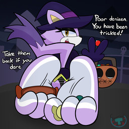 3_toes anthro barefoot candy clothed clothing dessert feet female food foot_focus hat headgear headwear holidays purple_body soles solo text toes witch_costume witch_hat mintytempest halloween sega sonic_the_hedgehog_(series) blaze_the_cat domestic_cat felid feline felis mammal 1:1 absurd_res english_text hi_res