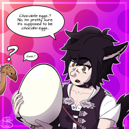 abstract_background ambiguous_gender beak black_hair buckle clothing collar dialogue duo ear_piercing egg eyebrows facial_markings feathers femboy feral freckled_arms freckled_face freckles hair head_markings holding_egg holding_object holidays low_cut_shirt male markings outline pale_skin piercing question_mark raised_eyebrow ring_(jewelry) speech_bubble straps text topwear vest yellow_body yellow_eyes yellow_feathers skelpie cutest_space_pirate!!! easter final_fantasy final_fantasy_xiv square_enix jaimie_winters animal_humanoid avian cat_humanoid chocobo felid felid_humanoid feline feline_humanoid humanoid mammal mammal_humanoid miqo'te 1:1 cel_shading digital_media_(artwork) english_text shaded signature