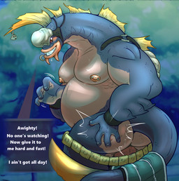 anthro armor bodily_fluids butt_slap clothing clothing_pull headgear male nipple_piercing nipples nude piercing slap solo spanking sweat text haxsmack the_last_remnant blocter yama_(the_last_remnant) english_text hi_res