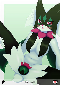 anthro anthrofied blush breast_curtains breasts female fur green_background green_body green_fur looking_at_viewer medium_breasts nude pokemorph simple_background solo commandg nintendo pokemon felid generation_9_pokemon mammal meowscarada pokemon_(species)