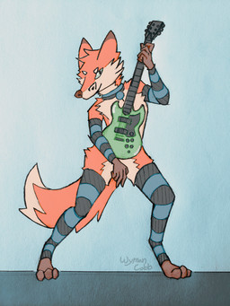 anthro armwear bottomless clothed clothing collar elbow_gloves electric_guitar femboy fur gloves green_eyes guitar handwear legwear male musical_instrument plucked_string_instrument red_body red_fur simple_background solo string_instrument thigh_highs topless wyman_cobb canid canine fox mammal 3:4 absurd_res graphite_(artwork) hi_res traditional_media_(artwork)