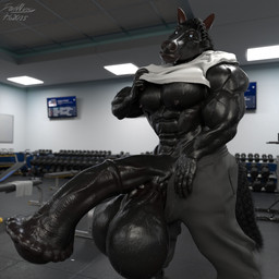 animal_genitalia animal_penis anthro athletic_wear balls big_balls big_penis black_body black_hair bodily_fluids bottomwear clothing equine_genitalia equine_penis genitals grey_bottomwear grey_clothing grey_pants gym hair huge_balls huge_penis hyper hyper_balls hyper_flare hyper_genitalia hyper_penis male muscular muscular_anthro muscular_male pants penis shirt solo sweat sweatdrop teasing topwear white_clothing white_shirt white_topwear ionwing equid equine mammal 1:1 3d_(artwork) absurd_res digital_media_(artwork) hi_res