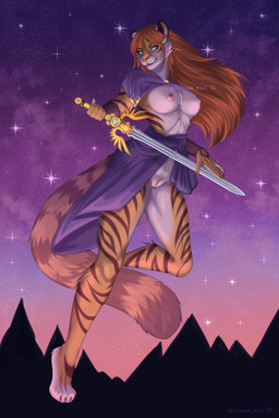4_toes 5_fingers accessory anthro blue_eyes brown_hair brown_nose claws fangs fantasy feet female fingers fur genitals hair magic melee_weapon mountain multicolored_body multicolored_fur nipples personal_grooming pink_nipples pink_vulva purple_background simple_background solo star striped_body striped_fur stripes styling_hair sword teeth toes vulva weapon albtraumwach marihea_(mari273) felid feline mammal pantherine tiger absurd_res hi_res
