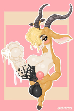 animal_genitalia animal_penis anthro balls big_balls big_breasts big_penis blonde_hair blush bodily_fluids breasts brown_eyes dripping equine_genitalia equine_penis erection excessive_genital_fluids excessive_precum feet genital_fluids genitals gynomorph hair head_tuft hooved_toes hooves horn huge_penis intersex nipples nude_gynomorph penis pink_nipples precum precum_drip puffy_nipples smile solo tuft srklmsama disney zootopia gazelle_(zootopia) antelope bovid gazelle mammal hi_res