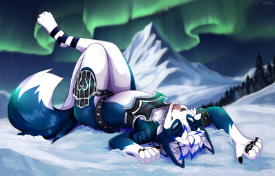 anthro arm_tattoo armband armor aurora_(phenomenon) bedroom_eyes belt bikini bikini_thong black_bikini black_claws black_clothing black_nose black_pawpads black_swimwear blue_body blue_eyes blue_fur blue_hair blue_highlights breastplate bulge claws clothed clothing coy detailed_background dipstick_tail femboy fluffy fluffy_tail fur glistening glistening_body glistening_fur hair highlights_(coloring) in_snow inner_ear_fluff leg_tattoo legs_up licking licking_lips licking_own_lips looking_at_viewer lying male markings multicolored_hair narrowed_eyes navy_fur on_back on_snow outside pawpads pose seductive sharp_eyes silver_trim skimpy smile snow solo studded_belt studs swimwear tail tail_markings tattoo thick_tail thick_thighs thigh_armor thighs_together thighs_up tongue tongue_out tribal tribal_tattoo tuft two-piece_swimsuit unconvincing_armor white_body white_fur white_hair white_inner_ear white_inner_ear_fluff winter kidaoriginal gram_dire border_collie canid canine canis collie domestic_dog herding_dog mammal pastoral_dog sheepdog absurd_res hi_res pinup