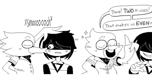 ambiguous_gender ambiguous_human anthro beak blush clothed clothed_ambiguous clothed_anthro clothed_human clothed_male clothing dialogue duo embarrassed eyewear glasses hair hair_over_eyes humor kissing kissing_cheek male male/ambiguous male_anthro nerd speech_bubble text honkadoi deltarune undertale_(series) berdly kris_dreemurr avian bird human mammal 2025 comic digital_media_(artwork) english_text hi_res long_image wide_image nonbinary_(lore)