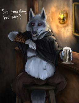 alcohol anthro armor bar_stool beer beer_belly beer_mug belly beverage bottomwear bracers bulge clothing detailed_background flashing fluffy fur furniture gold_frame grey_body grey_fur grin lamp male mirror navel oil_lamp overweight overweight_male pants poncho red_eyes slightly_chubby smile solo stool tavern tempting warm_light white_body white_fur wood yenocwolf dreamworks puss_in_boots_(franchise) death_(puss_in_boots) canid canine canis mammal wolf absurd_res hi_res