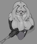 anthro armwear big_breasts bikini bikini_top bodily_fluids breasts cleavage clothed clothing dirty dirty_clothing ear_piercing ear_ring female glistening glistening_body gun high-angle_view huge_breasts piercing ranged_weapon ring_piercing scar shotgun solo sweat swimwear two-piece_swimsuit weapon ongongio epic_games fortnite nitehare_(fortnite) lagomorph leporid mammal rabbit