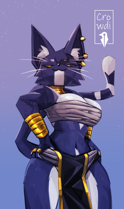 anthro armband bandage bandeau big_breasts bottomwear breasts cleavage cleavage_overflow clothed clothing curvy_figure ear_piercing ear_ring female fur gold_(metal) gold_jewelry hands_on_hips hourglass_figure inner_ear_fluff jewelry logo loincloth looking_at_viewer looking_down looking_down_at_viewer low-angle_view markings midriff multicolored_body multicolored_fur narrowed_eyes navel neck_ring piercing purple_body purple_fur ring ring_piercing skimpy solo striped_markings striped_tail stripes tail tail_markings thick_thighs tight_clothing tight_topwear topwear tuft two_tone_body two_tone_fur whiskers white_body white_fur wide_hips wraps yellow_eyes crowdi bacardi_(muart242) domestic_cat felid feline felis mammal absurd_res artist_logo hi_res portrait three-quarter_portrait
