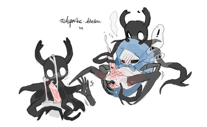 ambiguous_gender anthro black_body blush blush_lines bodily_fluids butt cum cum_on_face dizzy dizzy_eyes duo ejaculation genital_fluids genitals hood lying male male/ambiguous motion_lines nervous no_pupils on_back penis pose sex shaking speech_bubble spread_butt spreading sweat sweatdrop tentacle_sex tentaclejob tentacles trembling unusual_anatomy unusual_genitalia unusual_penis white_body white_eyes alretta hollow_knight_(franchise) team_cherry quirrel_(hollow_knight) the_knight_(hollow_knight) digital_drawing_(artwork) digital_media_(artwork) hi_res shaded