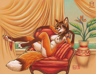 4_toes 5_fingers alcohol anthro areola beverage big_breasts biped blue_eyes blush breasts brown_body brown_fur brown_hair chair claws clothed clothing clothing_around_one_leg container cup curtains dipstick_tail drinking_glass drunk feet female fingers fluffy fluffy_tail fur furniture genitals glass glass_container glass_cup gloves_(marking) hair holding_container holding_cup holding_object inner_ear_fluff inside legs_up looking_aside looking_at_viewer lounging markings multicolored_tail nipples nude open_mouth panties panties_around_one_leg panties_down partially_clothed pawpads pillow pink_nipples pink_pawpads plant pose side_view sitting smile solo substance_intoxication tail tail_markings text toe_claws toes tongue tongue_out tuft underwear underwear_around_one_leg underwear_down vase vulva water white_body white_fur wine wine_glass kacey canid canine fox mammal 2017 english_text pinup signature traditional_media_(artwork)