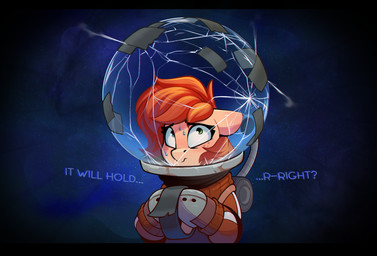 ambiguous_gender bodily_fluids dialogue duct_tape eyelashes feral freckled_face freckles fur hair heterochromia nervous nervous_sweat orange_hair solo space spacesuit sweat tan_body tan_fur tape text rexyseven friendship_is_magic hasbro my_little_pony fan_character rusty_gears equid equine horse mammal 2022 english_description english_text female_(lore)
