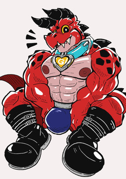 abs anthro boots briefs bulge clothing collar footwear horn male muscular muscular_anthro muscular_male nipples pecs red_body red_scales scales shoes simple_background sitting solo underwear white_background yellow_sclera alternatehef marvel marvel_rivals dinosaur prehistoric_species reptile scalie hi_res