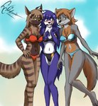 anthro bikini blush clothed clothing female fur green_eyes grey_body grey_fur group hair looking_at_viewer simple_background smile stripes swimwear two-piece_swimsuit dekaisen bloodline bloodline_(webcomic) ember_(bloodline) sil_(bloodline) vivian_(bloodline) canid canine canis fox grey_fox hyena mammal striped_hyena urocyon wolf 2021 absurd_res hi_res