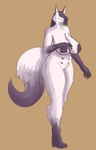 anthro areola areola_slip belly big_areola big_breasts bottomless breasts cloak clothed clothing covered_nipples curvy_figure dark_body fangs female female_anthro fingers fluffy fur genitals huge_breasts ineffective_clothing kemono markings mask mostly_nude ofuda ofuda_on_breast pasties pussy simple_background smile solo standing talisman tape teeth text text_on_pasties thick_thighs tuft voluptuous white_body jimjr amaverse mythology haumi canid canine demon fox mammal mythological_canine mythological_creature mythological_fox spirit absurd_res hi_res