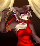 anthro black_nose breasts brown_body brown_fur cheek_tuft clothed clothing dress facial_tuft female fur one_shoulder_out red_clothing red_dress single_strap single_strap_clothing single_strap_dress solo tuft yamisu491 beastars juno_(beastars) canid canine canis mammal wolf