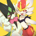 ambiguous_gender anthro blush duo fur green_body green_fur looking_at_viewer navel white_body white_fur dok2_mo nintendo pokemon cinderace generation_8_pokemon generation_9_pokemon meowscarada pokemon_(species) 2024 hi_res