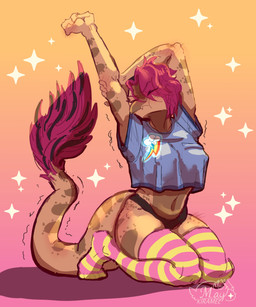 anthro biped black_clothing black_panties black_underwear blue_clothing blue_crop_top blue_shirt blue_topwear breasts brown_body clothed clothing crop_top crouching eye_through_hair eyes_closed feathered_tail feathers feet female fingers footwear hair humanoid_feet humanoid_hands legwear logo long_tail markings medium_breasts motion_lines nipple_outline nipples non-mammal_breasts non-mammal_nipples panties pattern_clothing pattern_footwear pattern_legwear pattern_socks pink_body pink_feathers pink_hair plantigrade pose pursed_lips rainbow shaking shirt simple_background skimpy socks solo spots spotted_markings stretching striped_clothing striped_footwear striped_socks stripes tail text thigh_highs thigh_socks toes topwear translucent translucent_clothing translucent_hair translucent_shirt translucent_topwear underwear may_kiramel devlog:_a_post-modern_college_experience rebecca_(devlog) dinosaur dromaeosaurid microraptor prehistoric_species reptile saurischian scalie theropod 2025 5:6 absurd_res artist_logo artist_name colored hi_res shaded