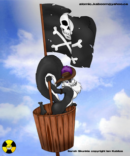 anthro big_breasts breasts clothing crow's_nest female hat_feather headgear headwear loose_feather nude nude_anthro nude_female pirate skull_and_crossbones solo text atomic_kaboom sarah_skunkie mammal mephitid skunk english_text