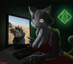 anthro big_breasts big_eye bottomwear bra breasts clothing d_point female fur gaming grey_body grey_fur led_light light_body light_fur nails night playing_video_game skirt solo underwear white_body white_fur arietter44 gaijin_entertainment war_thunder domestic_cat felid feline felis mammal absurd_res hi_res