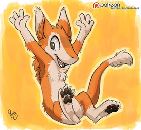 anthro brown_pawpads dipstick_ears dipstick_tail ear_markings fur glistening glistening_eyes gloves_(marking) happy leg_markings logo male male_anthro markings multicolored_ears nude open_mouth open_smile orange_body orange_fur pawpads pink_tongue simple_background smile socks_(marking) solo tail tail_markings teeth text tongue white_body white_fur young young_anthro young_male pandapaco sergal artist_logo signature url