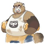 anthro beard belly big_belly brown_body brown_fur clothing facial_hair fur humanoid_hands kemono male overweight overweight_male shirt simple_background solo topwear garouzuki crave_saga pong_(crave_saga) canid canine mammal raccoon_dog tanuki 2023 hi_res