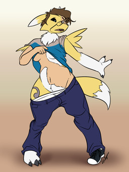 black_sclera bottomwear breasts brown_hair clothing female footwear fur hair human_to_anthro implied_gender_transformation neck_tuft open_mouth pants shirt shoes simple_background solo species_transformation standing surprised tail topwear transformation tuft underwear white_body white_fur yellow_body yellow_fur halcy0n bandai_namco digimon digimon_(species) human mammal renamon 2025 digital_media_(artwork) hi_res