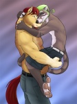 anthro belt bottomwear clothing cuddling denim denim_bottomwear denim_clothing duo eyewear facial_hair glasses hair hug jeans larger_male male male/male muscular pants pawpads paws ponytail romantic romantic_couple shorts size_difference smaller_male tail eclipticafusion clipey_(eclipsewolf) coati equid equine horse mammal procyonid 3:4 source_request