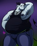 armpit_hair belly black_clothing black_shirt black_topwear blush body_hair bottomwear clothing holding_belly looking_at_viewer male nipples not_furry obese overweight overweight_male pants shirt solo spade_tail tail topwear white_body kyngs phoenixwerewolf demon humanoid hi_res