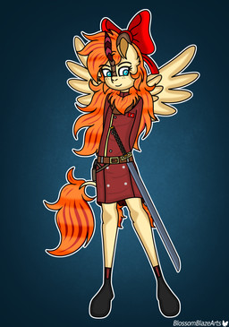 accessory anthro belt blue_eyes boots bow_ribbon clothing female footwear freckled_face freckles hair hair_accessory hair_bow hair_ribbon horn long_hair long_tail looking_at_viewer melee_weapon military orange_hair pistol_holster pose red_hair ribbons scabbard scales shoes solo standing sword tail uniform weapon wings blossomblaze hasbro my_little_pony blossomblaze_(character) fan_character kirin_(mlp) mammal absurd_res hi_res