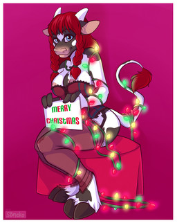 anthro biped border braided_hair breasts christmas_decorations christmas_lights clothed clothing corset female hair holidays horn lingerie looking_at_viewer red_hair sitting skimpy solo string_lights tail tail_tuft text topwear tuft white_border minettefraise christmas bovid bovine cattle dairy_cattle holstein_friesian_cattle mammal english_text