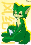 anthro countershading drawing_pen drawing_tablet green_body holding_object male semi-anthro simple_background sitting solo text yellow_eyes peakon feng_ji_zhou huang_yu canid canine canis mammal wolf 2024 character_name chinese_text dated full-length_portrait hi_res portrait shaded signature