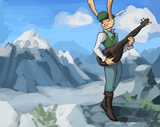 anthro black_clothing black_footwear black_shoes blue_ascot blue_bottomwear blue_clothing blue_pants bottomwear buckteeth bulge clothed clothing eyes_closed footwear front_view fully_clothed fur green_clothing green_hat green_headwear green_topwear green_vest hat hat_feather headgear headwear holding_musical_instrument holding_object loose_feather lute male mountain musical_instrument outside pants pink_inner_ear pink_nose plucked_string_instrument shirt shoes smile snow solo string_instrument teeth topwear vest white_clothing white_shirt white_topwear yellow_body yellow_fur catnapstar lagomorph leporid mammal rabbit