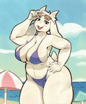 2_horns 5_fingers anthro arm_tuft arms_bent bare_shoulders beach beach_umbrella big_breasts bikini biped black_eyebrows black_eyes blue_sky blush blush_lines bra breasts chest_tuft claws clothed clothed_anthro clothed_female clothing cloud cute_fangs day elbow_tuft eyebrows eyelashes eyewear fangs female female_anthro finger_claws fingers floppy_ears fur fur_tuft glistening glistening_eyes hand_on_hip hand_on_own_hip head_tuft holding_eyewear holding_object holding_sunglasses horn humanoid_hands iris legs_together light_body light_fur looking_at_viewer lop_ears mature_anthro mature_female monotone_body monotone_breasts monotone_fur navel no_pupils open_mouth open_smile outside parasol pink_blush pink_eyewear pink_sunglasses pink_tongue pose purple_bikini purple_clothing purple_swimwear raised_eyebrow sand seaside short_tail skimpy skimpy_bikini skimpy_swimwear sky slightly_chubby slightly_chubby_anthro slightly_chubby_female smile smiling_at_viewer snout solo standing sunglasses swimwear tail teeth text thick_thighs three-quarter_view tongue tuft two-piece_swimsuit underwear white_body white_breasts white_claws white_clouds white_ears white_fur white_horn white_tail sherrypink97 undertale undertale_(series) toriel boss_monster_(undertale) bovid bovine caprine goat mammal 2025 absurd_res artist_name digital_drawing_(artwork) digital_media_(artwork) hi_res pinup portrait three-quarter_portrait